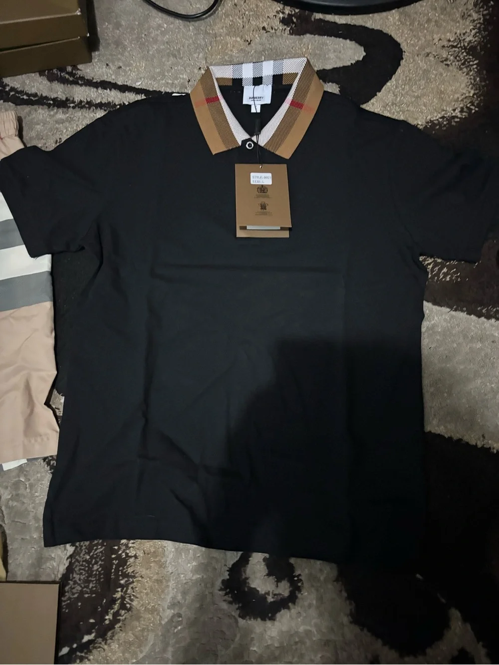 Burberry Black Polo with Signature Beige Check Collar
